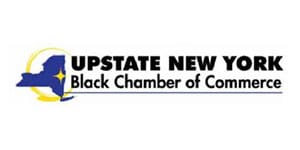 A black and white logo for the upstate new york chamber of commerce.