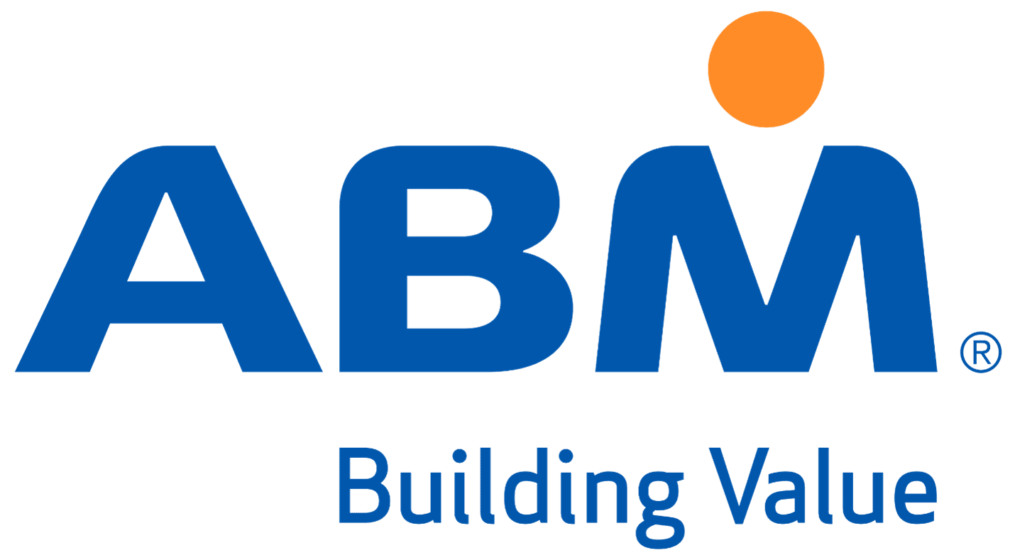 A blue and orange logo for abm building products.